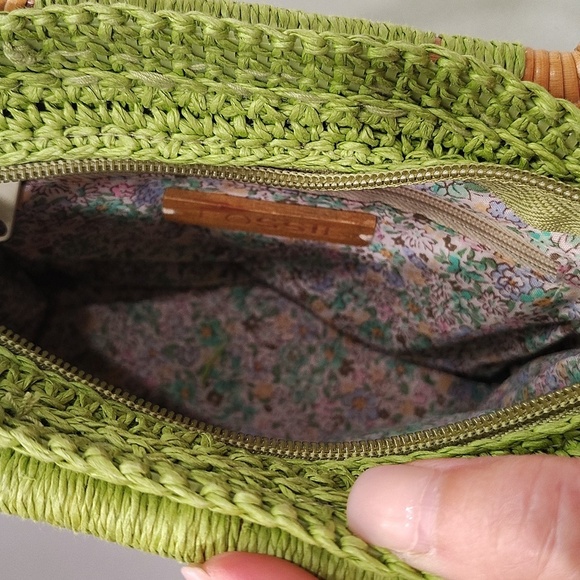 Fossil Straw Mini Satchel Bag Purse Green Double Handle Wood Zip Top - Picture 10 of 14